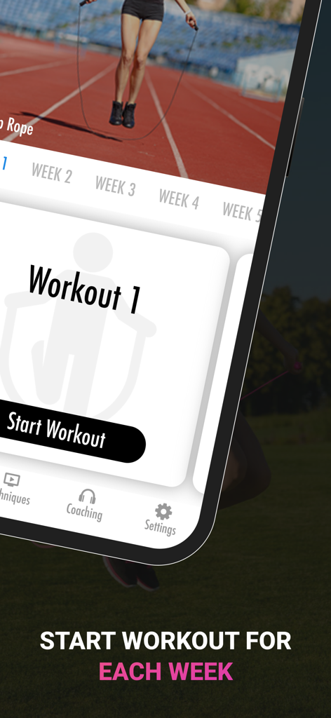 Jump Rope Workouts & Routines - Interfaz de la aplicación Jump Rope Workouts que muestra rutinas de entrenamiento semanales y un botón de inicio.