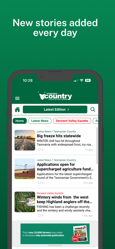Tas Country - Tas Country app interface showing daily news stories about rural Tasmania agriculture and local community events.