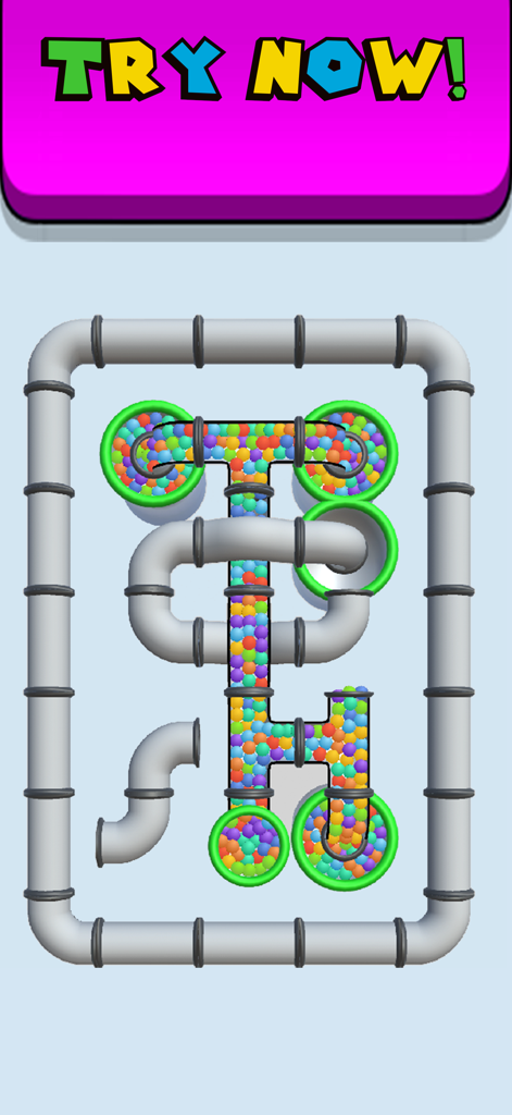 Pipes and Balls - A 3D puzzle level in Pipes and Balls showing colorful balls flowing through a network of connected gray pipes