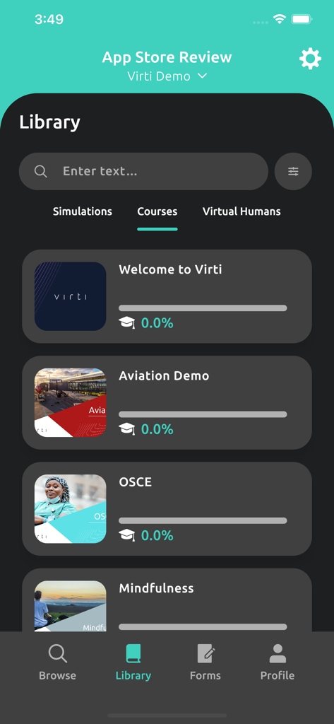 Virti - OSCEやAviation Demoなどのさまざまなトレーニングコースを表示するVirtiモバイルアプリライブラリインターフェース。