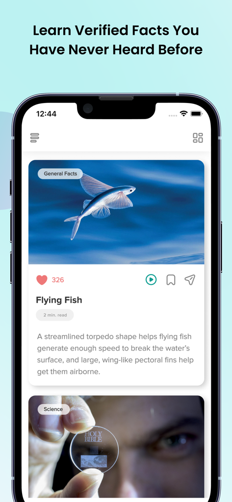 Daily Fun Facts: Did You Know? - A mobile app screen showing a fun fact about flying fish and a science category below