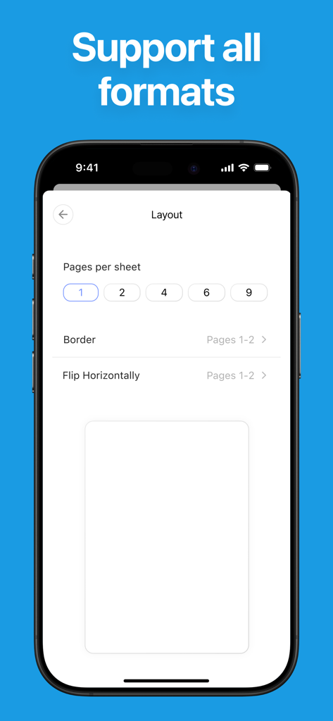 Smart Printer App. - Smart Printer App interface showing print layout options for selecting pages per sheet and border settings on an iPhone