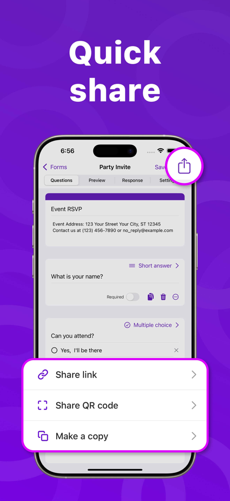Forms for Google Forms & Drive - Mobile app interface showing quick share options for a Google Form party invitation