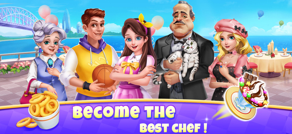 Cooking Journey: Food Games - Diverse characters from the Cooking Journey game standing in front of the Sydney Harbour Bridge with the text Become THE BEST CHEF