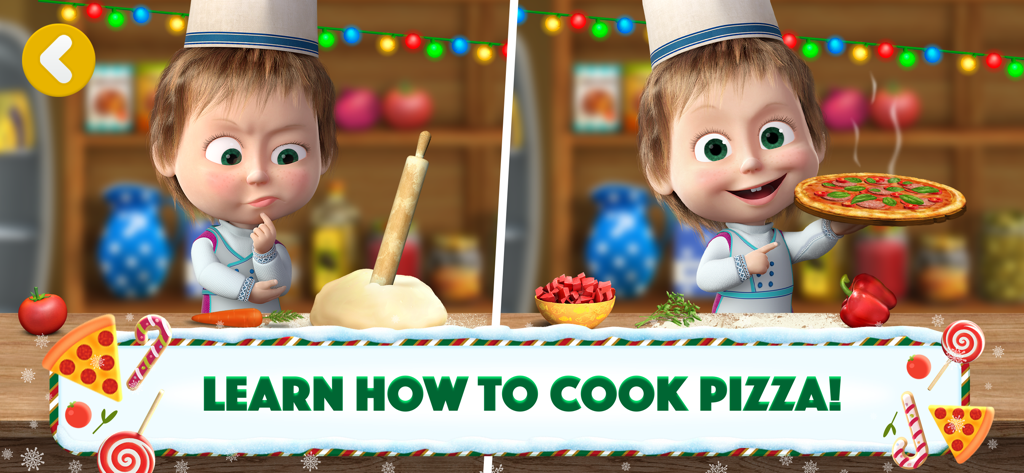 Masha and The Bear: Pizzeria! - Masha in a chef hat preparing dough and showing a finished pizza