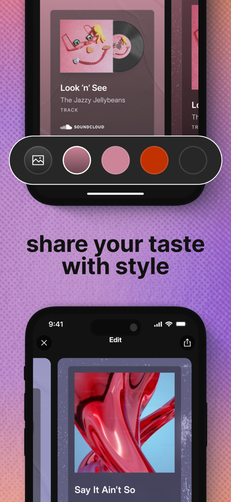 Two mobile screens showing the SoundCloud feature to share music with custom colors and styles.