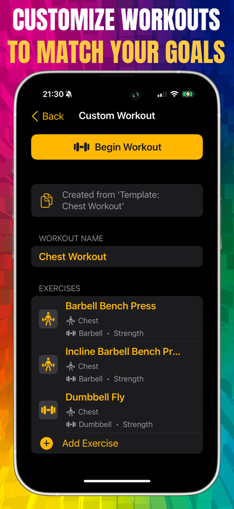 Gym Gorilla: Workout Tracker - Rastreador de ejercicios Gym Gorilla que muestra una rutina de pecho personalizable en un iPhone.