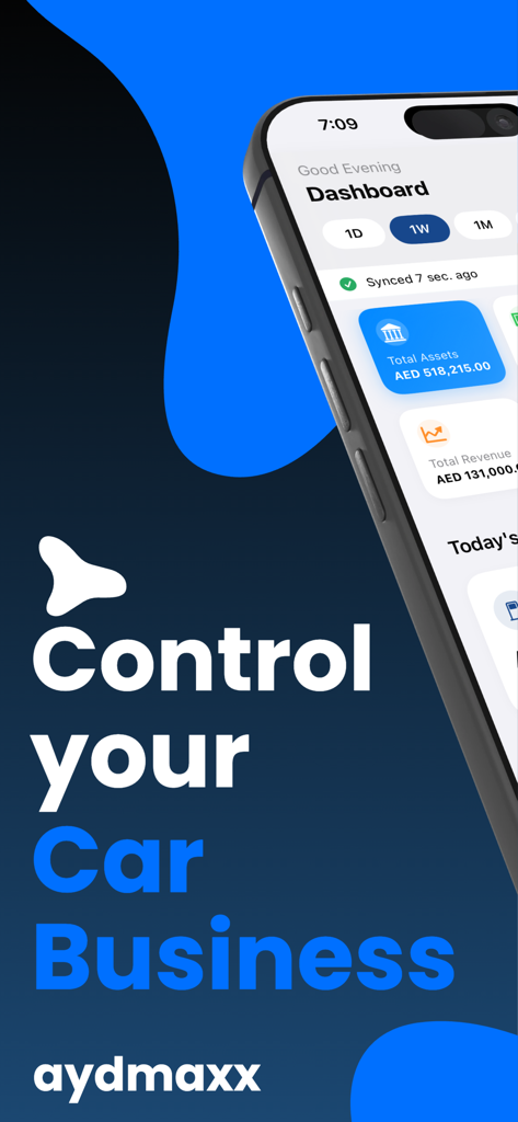 Car Dealer Tracker - Tableau de bord de l'application mobile Car Dealer Tracker montrant le total des actifs et un aperçu des revenus.