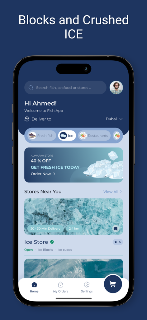 Fish App mobile screen for ordering blocks and crushed ice