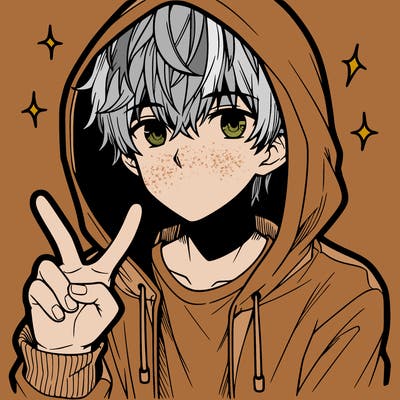 teenage manga boy in a hoodie, doing ✌