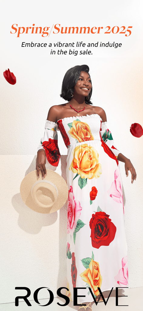 A smiling woman wearing a white off-the-shoulder maxi dress with red and yellow rose prints for the Rosewe Spring Summer 2025 collection