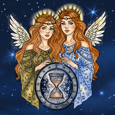 two girls as zodiac godess: gemini. head to shoulders