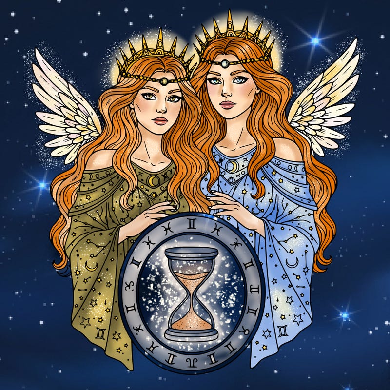 two girls as zodiac godess: gemini. head to shoulders