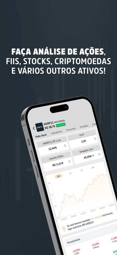 Investidor10 - Investidor10 app interface showing detailed financial metrics and performance charts for stock and fund analysis.