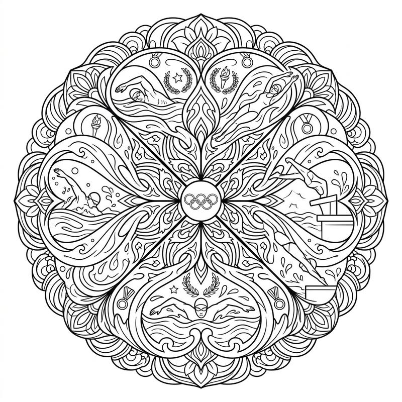 Experience the grace and power of Olympic swimming combined with the calming beauty of a mandala. This unique coloring page offers an intricate journey into sport and art, perfect for all ages.