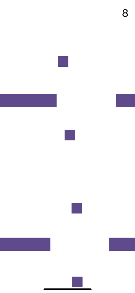 Gameplay of Amazing Bricks showing a purple square jumping through gaps in minimalist obstacles.