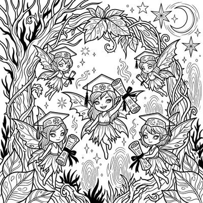 Dive into a unique celebration where mystical dark fairies mark their graduation day. This intricate coloring page combines enchanting fantasy with academic achievement, perfect for a magical coloring adventure.