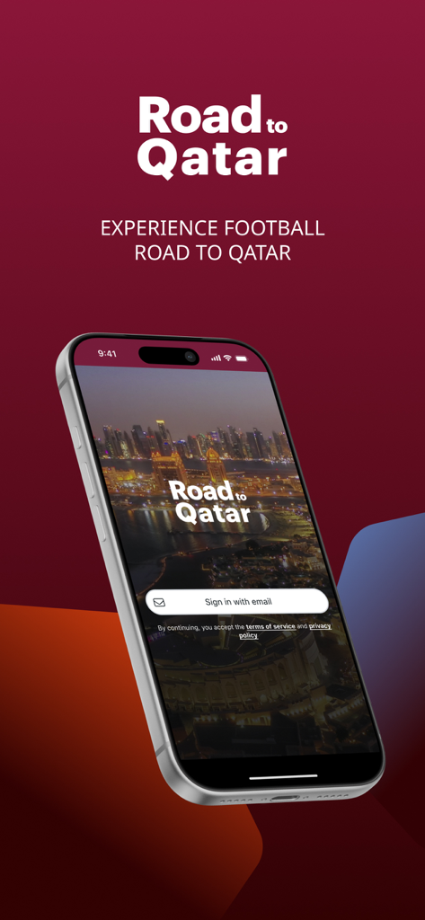 Road To Qatar Tickets - Road to Qatar mobile app login screen on iPhone featuring a nighttime skyline view