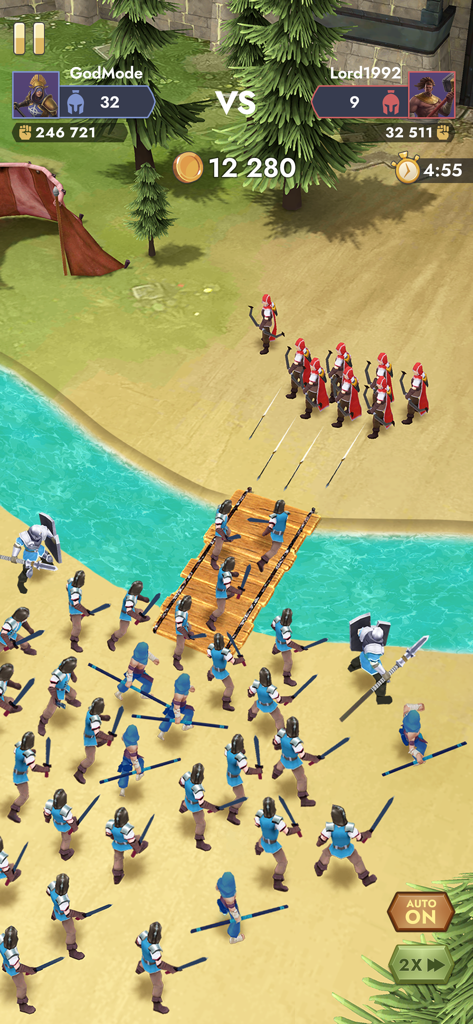 Kingdom Clash：Medieval Defense - Un écran de gameplay tactique de Kingdom Clash montrant une armée bleue traversant un pont pour attaquer des archers rouges sur un champ de bataille en 3D.