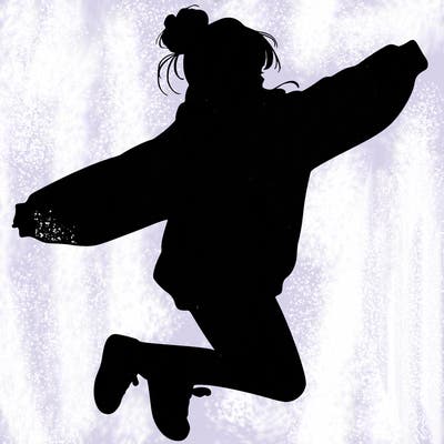 realistic girl jumping with a bun and oversized sweatshirt