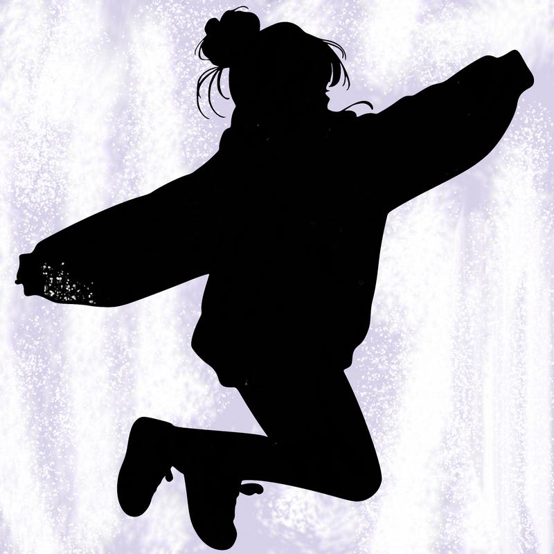 realistic girl jumping with a bun and oversized sweatshirt