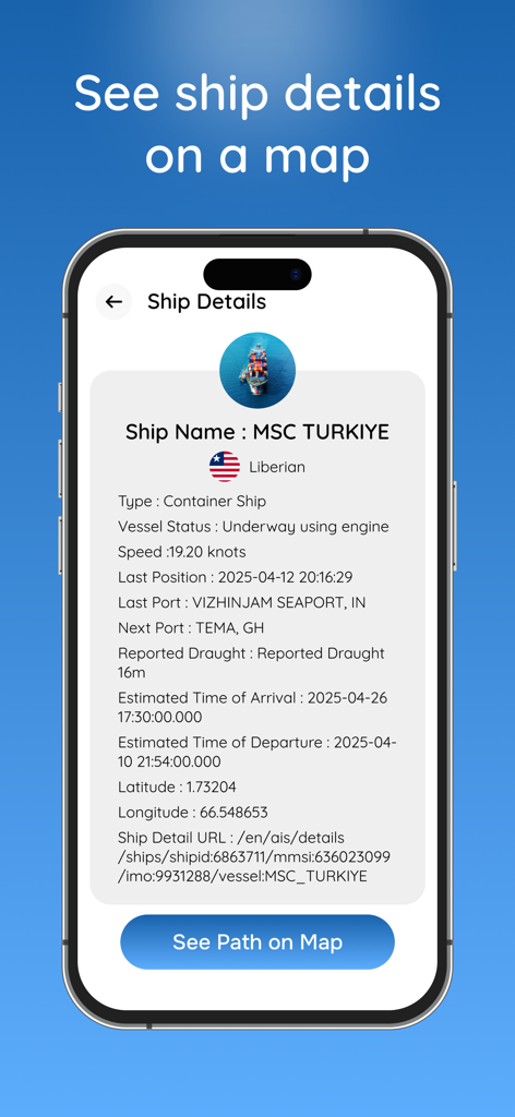 Live Ship Tracker: AIS Radar - Una pantalla móvil que muestra datos AIS detallados de un buque portacontenedores, incluyendo velocidad, destino y ETA.