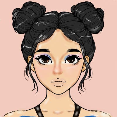 realistic girl with two buns on top of her head