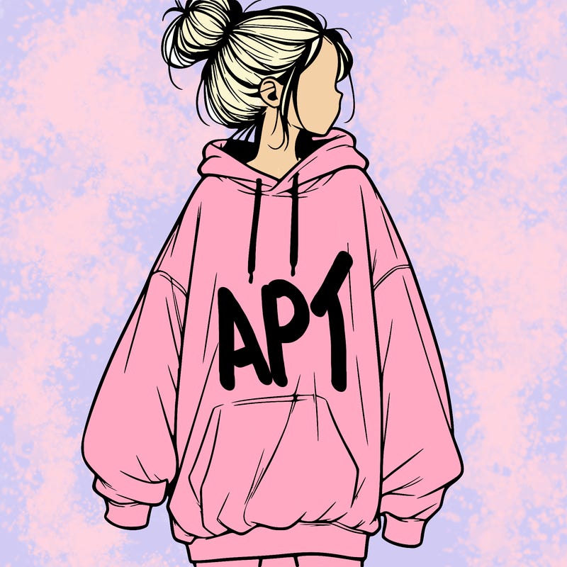 realistic girl with a oversized sweatshirt on and a bun