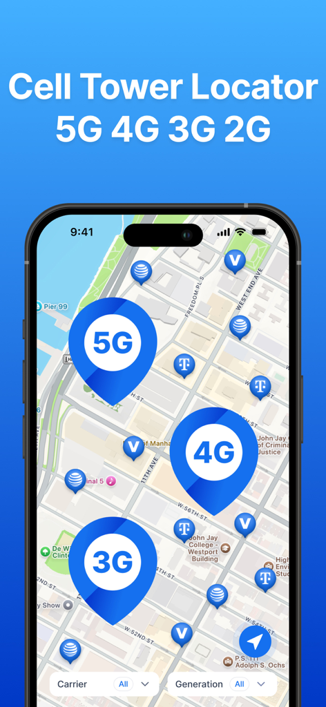 Interactive cell tower map showing 5G 4G and 3G tower locations with carrier pins on a city map