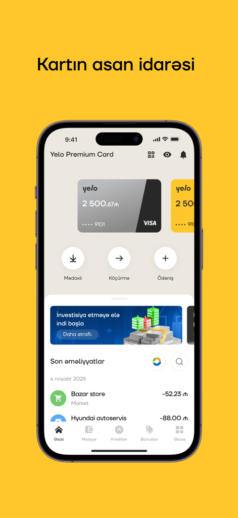 Yelo - Yelo mobile banking app dashboard showing premium card management and recent transaction history