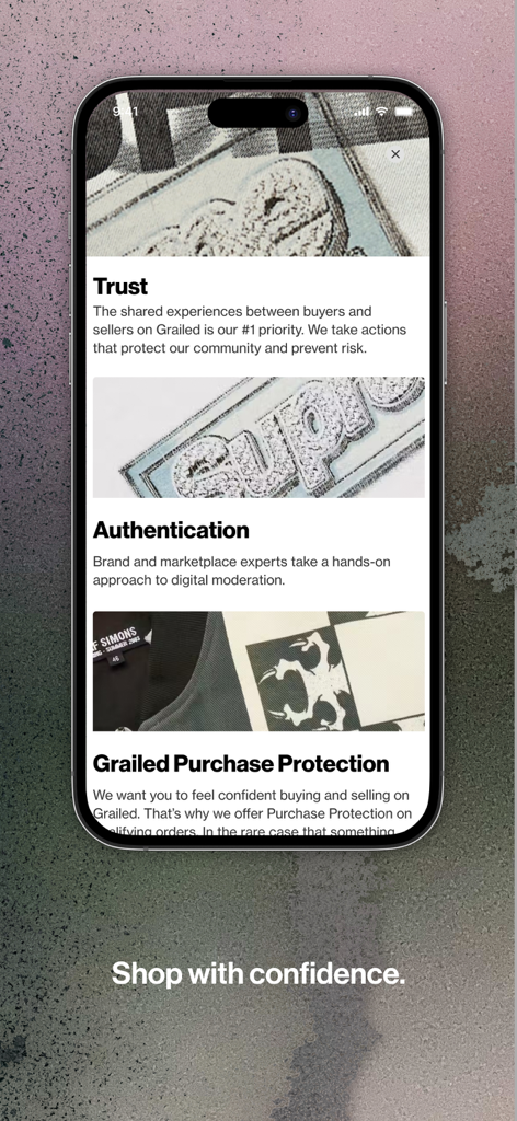 Grailed – Buy & Sell Fashion - Grailed app screen showing trust authentication and purchase protection features