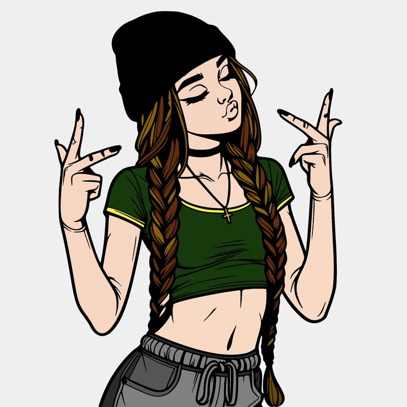 realistic teenage girl with braids and a beanie and crop top doing 🫶🏼