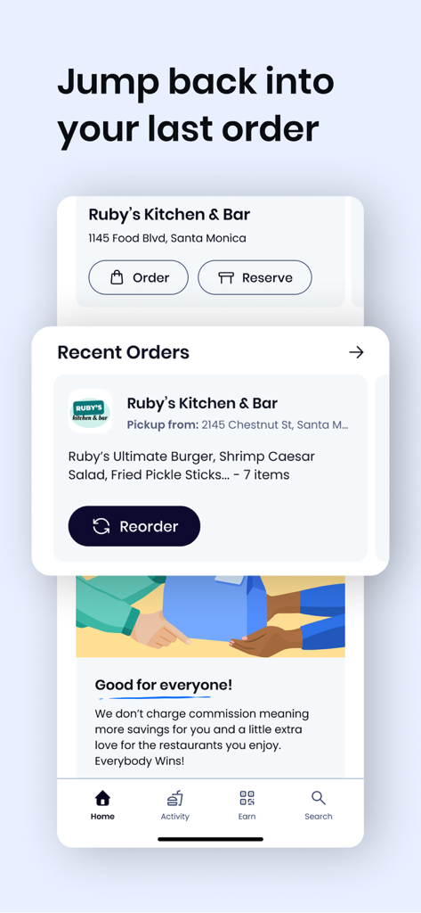 GoTo Place - Screenshot of the GoTo Place app showing a recent order from a local restaurant with a reorder button and support local message