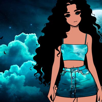 realistic girl with long curly hair with mini skirt and crop top