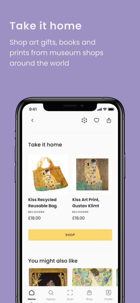 Smartify: Arts and Culture - Smartify-App-Shop-Oberfläche mit Kunstdrucken und wiederverwendbaren Taschen mit dem Kunstwerk Gustav Klimts Der Kuss zum Verkauf in Museumsshops.