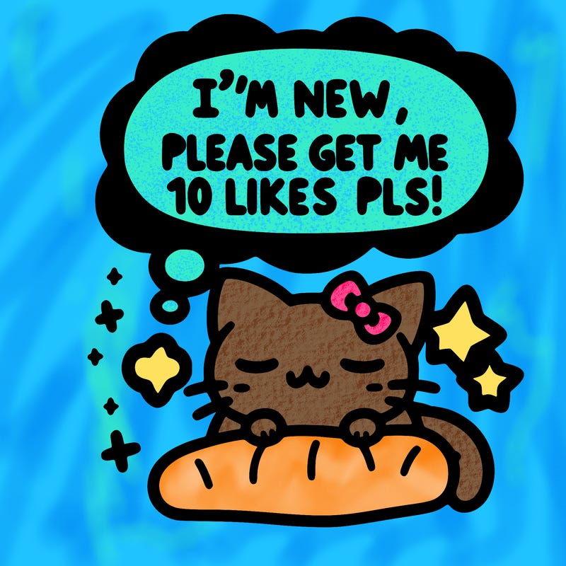 kitty taking a nap dream talking and saying "i'm new, please get me at least 10 likes pls!!"