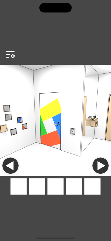 Mirror Room Escape - Minimalist white room gameplay featuring a door with colorful geometric patterns and navigation arrows