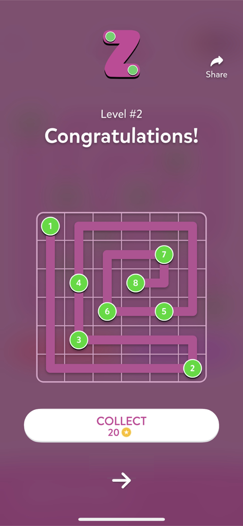 Zip – Connect the Numbers - A level completion screen in the Zip logic puzzle game showing a purple grid with numbers one through eight connected by a path.