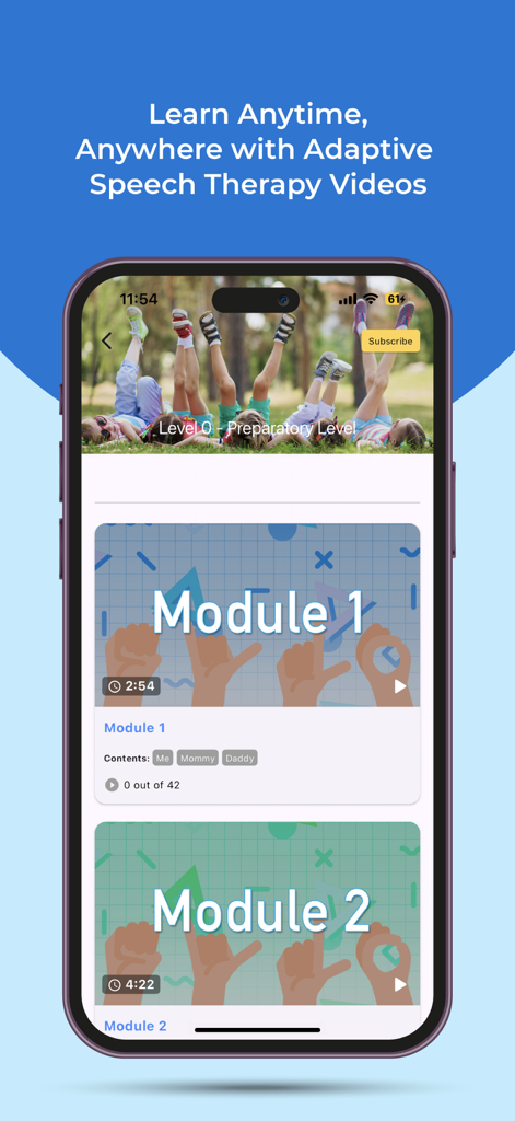 Mylo - Speech Therapy Support - Interface of the Mylo app showing adaptive speech therapy video modules for children