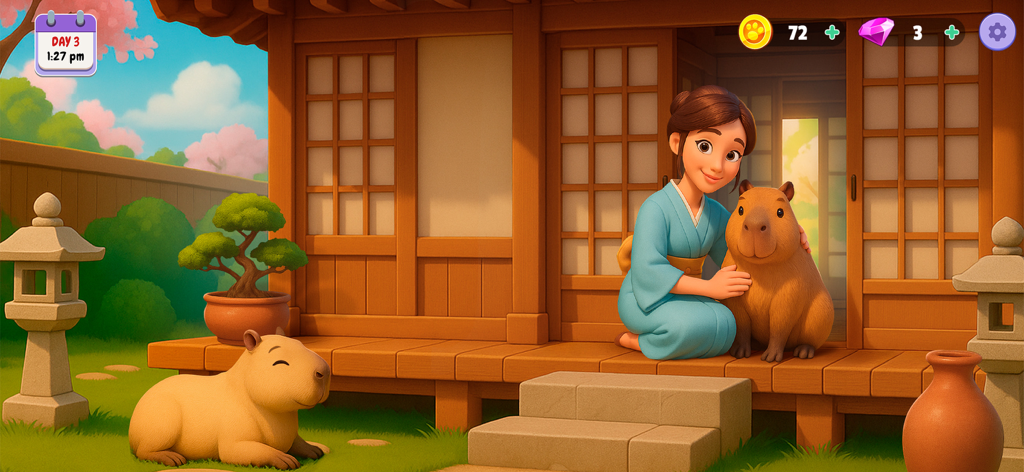 A woman in a blue kimono sitting with two capybaras in a peaceful Japanese garden setting