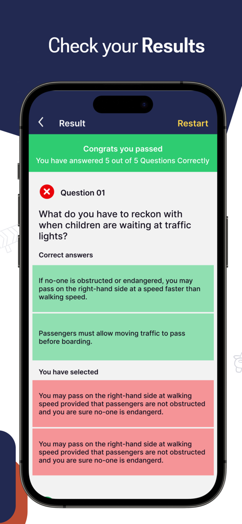 License Theory mobile app displaying driving test practice results and question feedback