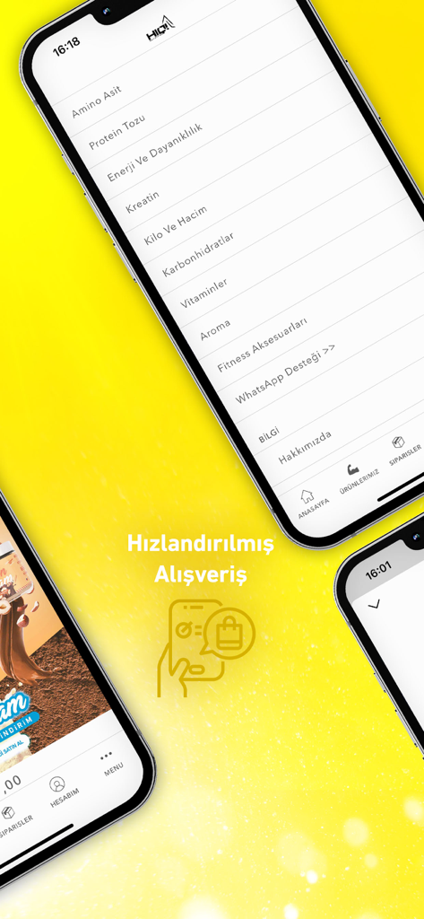 HIQ Nutrition Supplement - HIQ Nutrition app screenshot showing a menu of supplement categories including protein powder and creatine