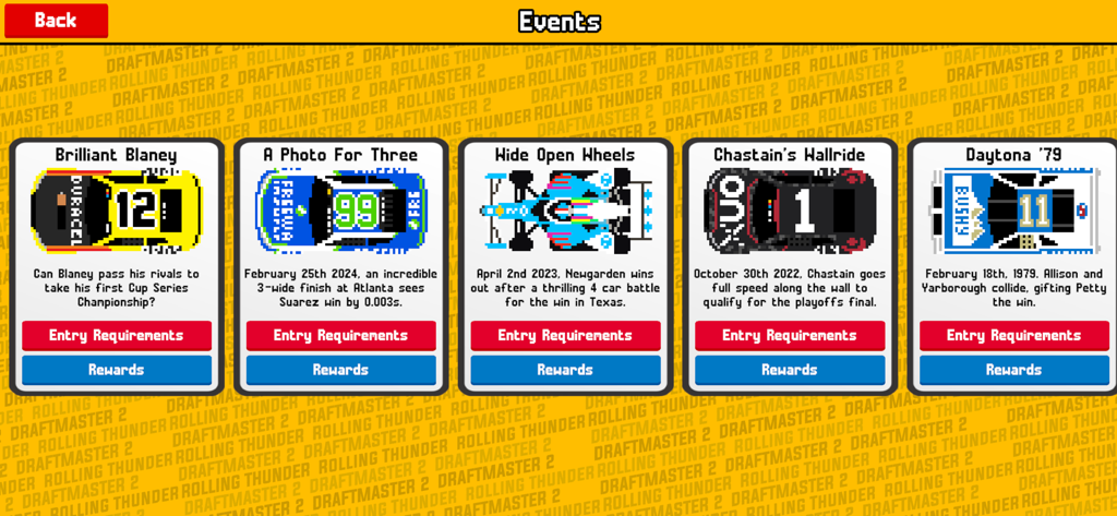Draftmaster 2 - A selection of historical and modern racing event cards in the Draftmaster 2 menu featuring pixel art stock cars and open wheel racers.