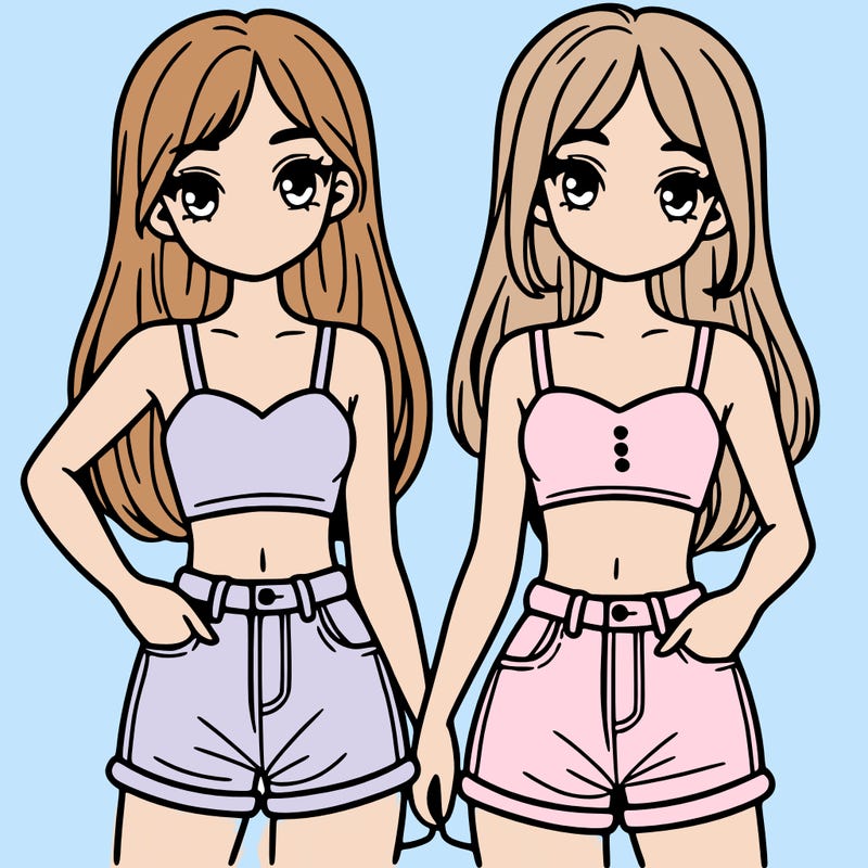 two sisters with crop tops and jean shorts and straight hair