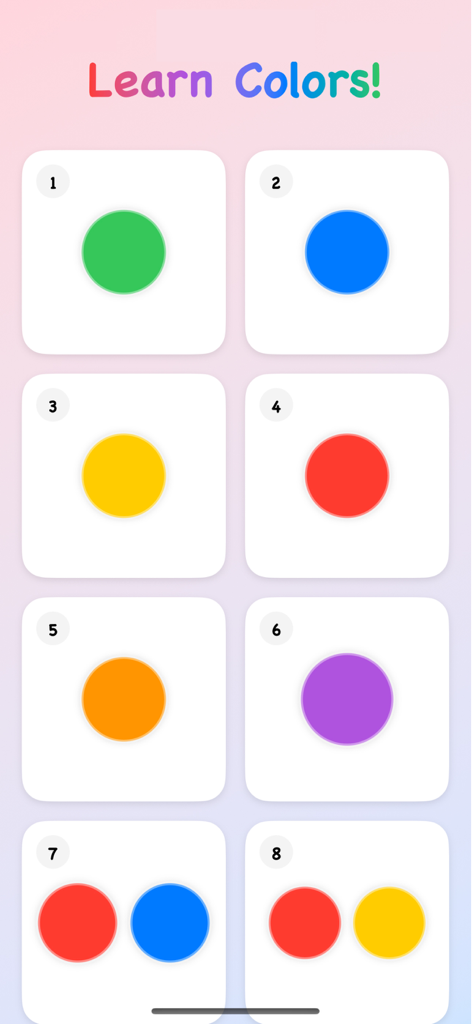 A menu screen featuring numbered levels with colorful circles for teaching toddlers color recognition.