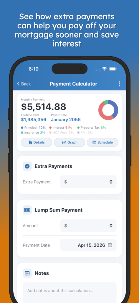 Mortgage Pal - Loan Calculator - Mortgage Pal app interface showing a monthly payment breakdown with a donut chart and options for extra payments