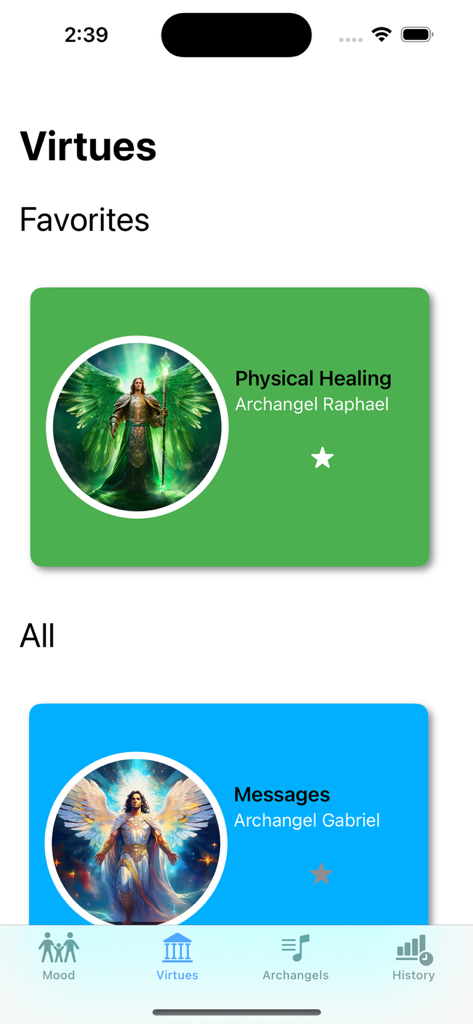 Angelical Coaching - Pantalla de virtudes de la aplicación Angelical Coaching con cartas del Arcángel Rafael y Gabriel