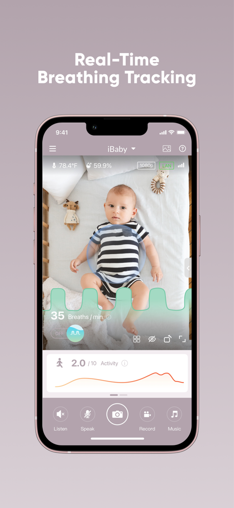 iBaby Care App - iBaby Care App interface displaying real-time baby breathing rate and activity levels