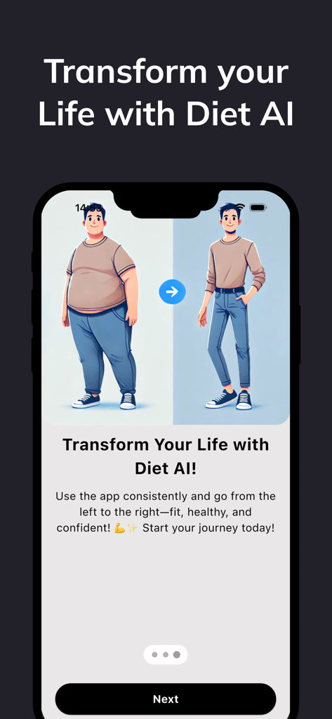 Captura de tela do aplicativo Fit AI mostrando uma ilustração de antes e depois de perda de peso e mensagem de transformação.
