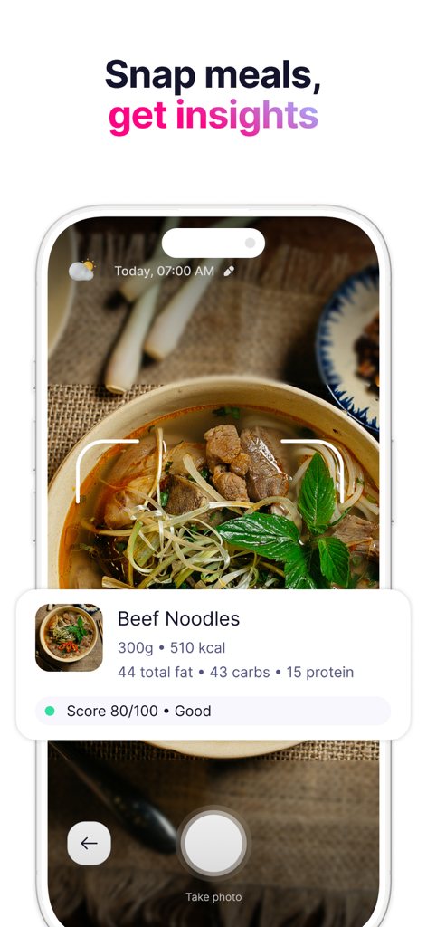 Uma captura de tela do recurso de rastreamento de refeições do aplicativo Elfie mostrando insights nutricionais para uma tigela de macarrão de carne.